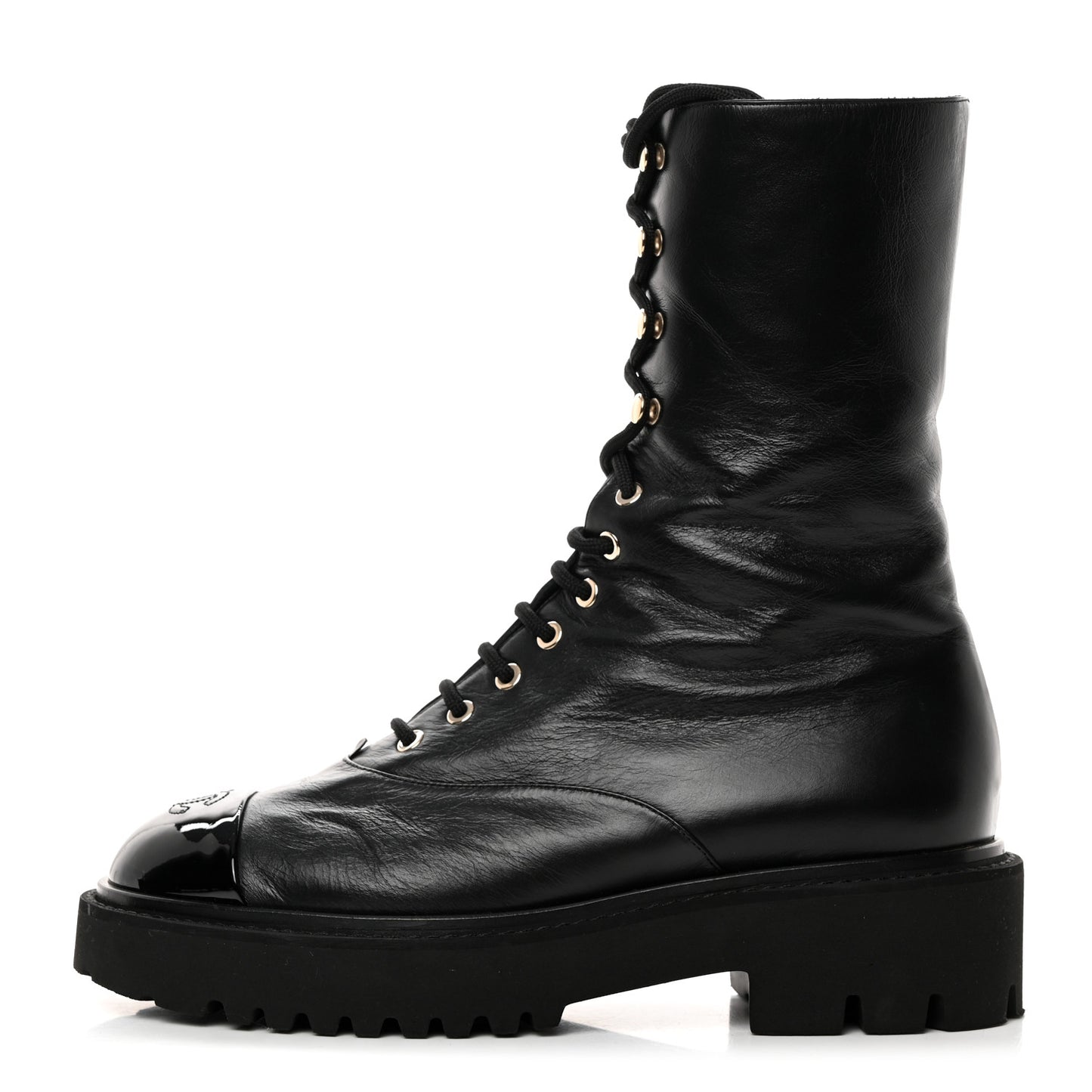 Crumpled Calfskin Patent Cap Toe Lace Up Combat Boots 41.5 Black