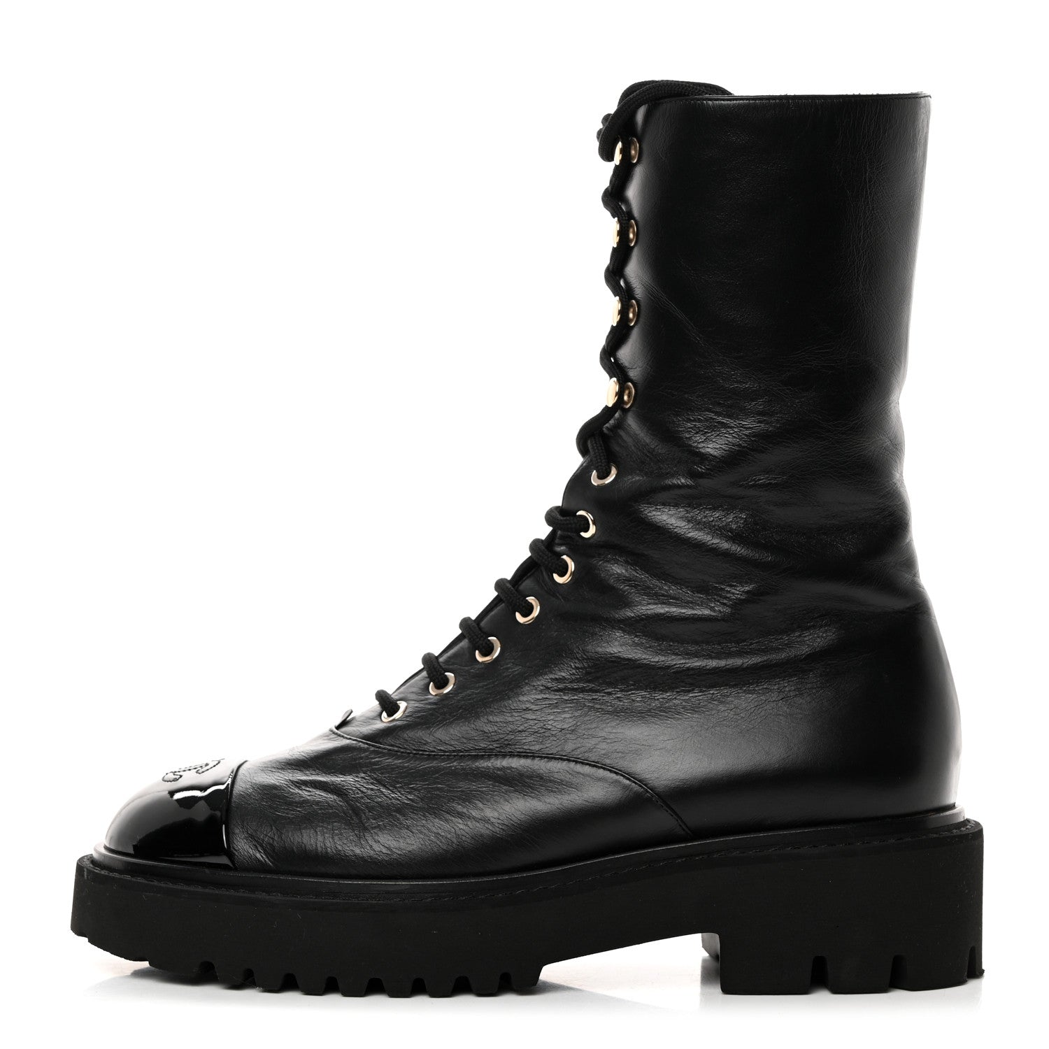 Chanel Crumpled Calfskin Patent Cap Toe Lace Up Combat Boots 41.5 Black 1 of 8