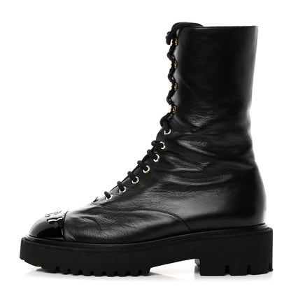 Chanel Crumpled Calfskin Patent Cap Toe Lace Up Combat Boots 41.5 Black 1 of 8