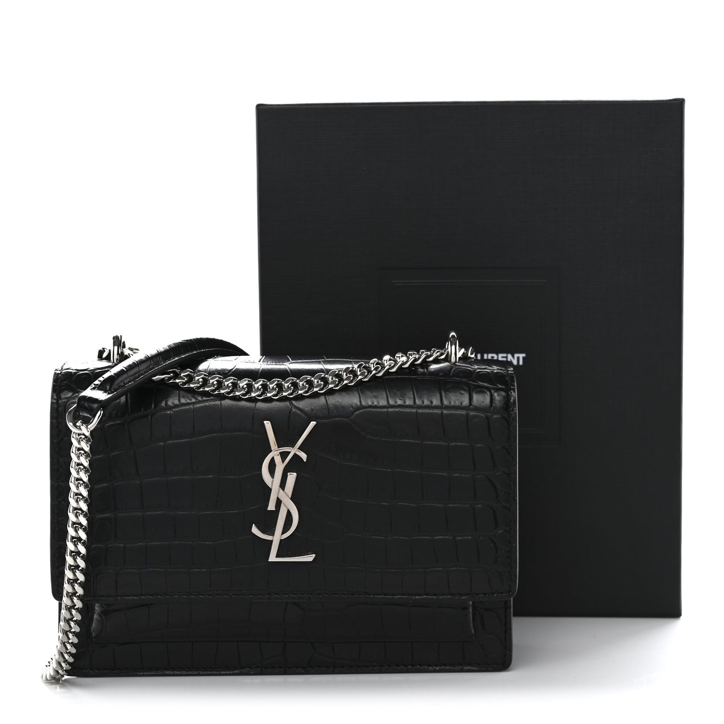 Calfskin Crocodile Embossed Monogram Sunset Chain Wallet Black