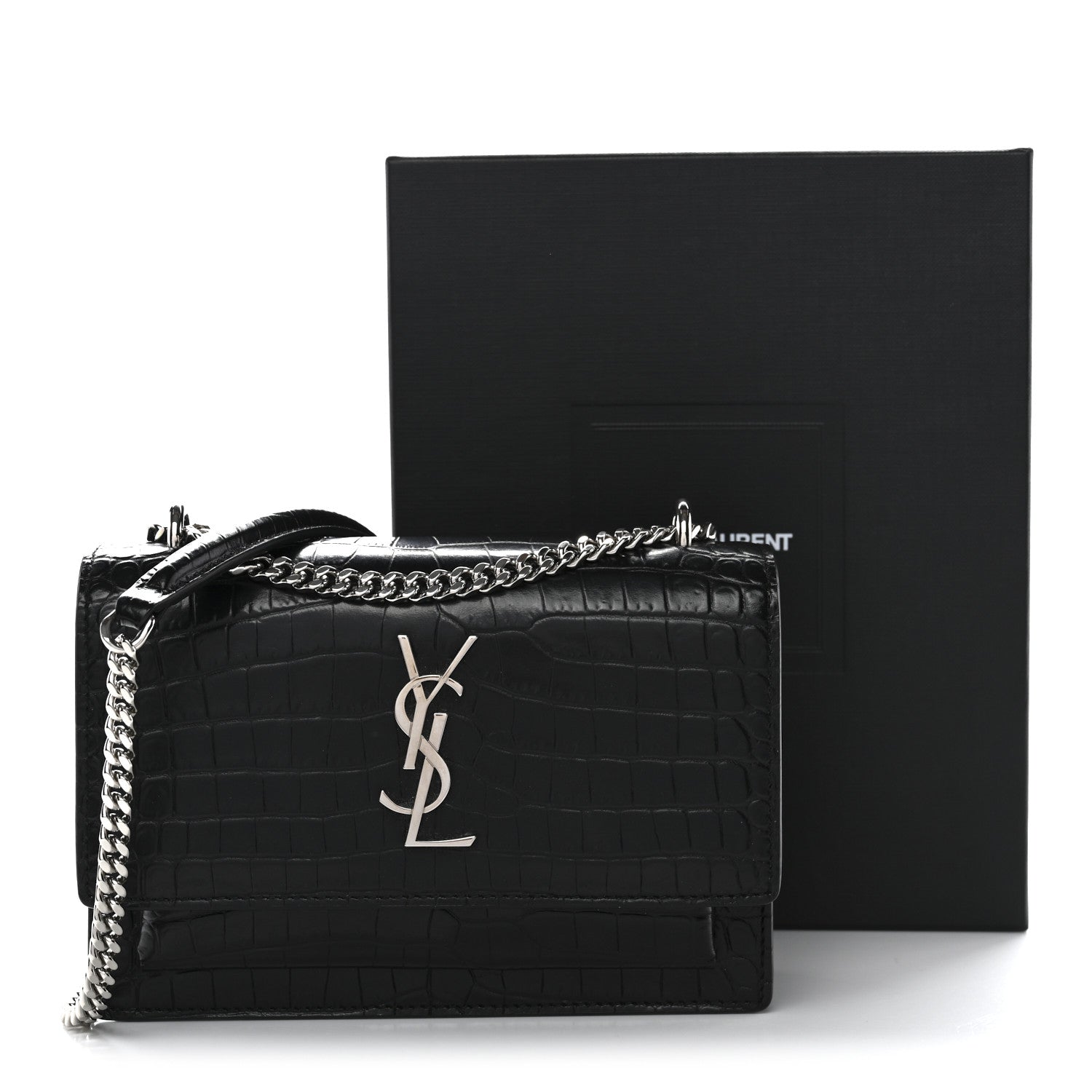 Saint Laurent Calfskin Crocodile Embossed Monogram Sunset Chain Wallet Black 11 of 11