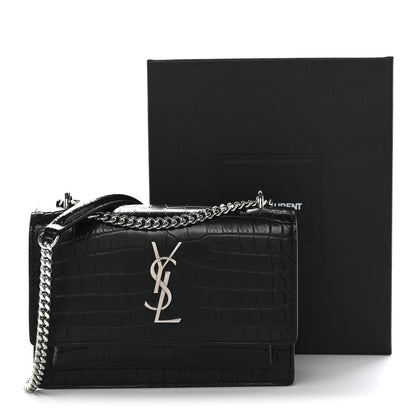 Saint Laurent Calfskin Crocodile Embossed Monogram Sunset Chain Wallet Black 11 of 11