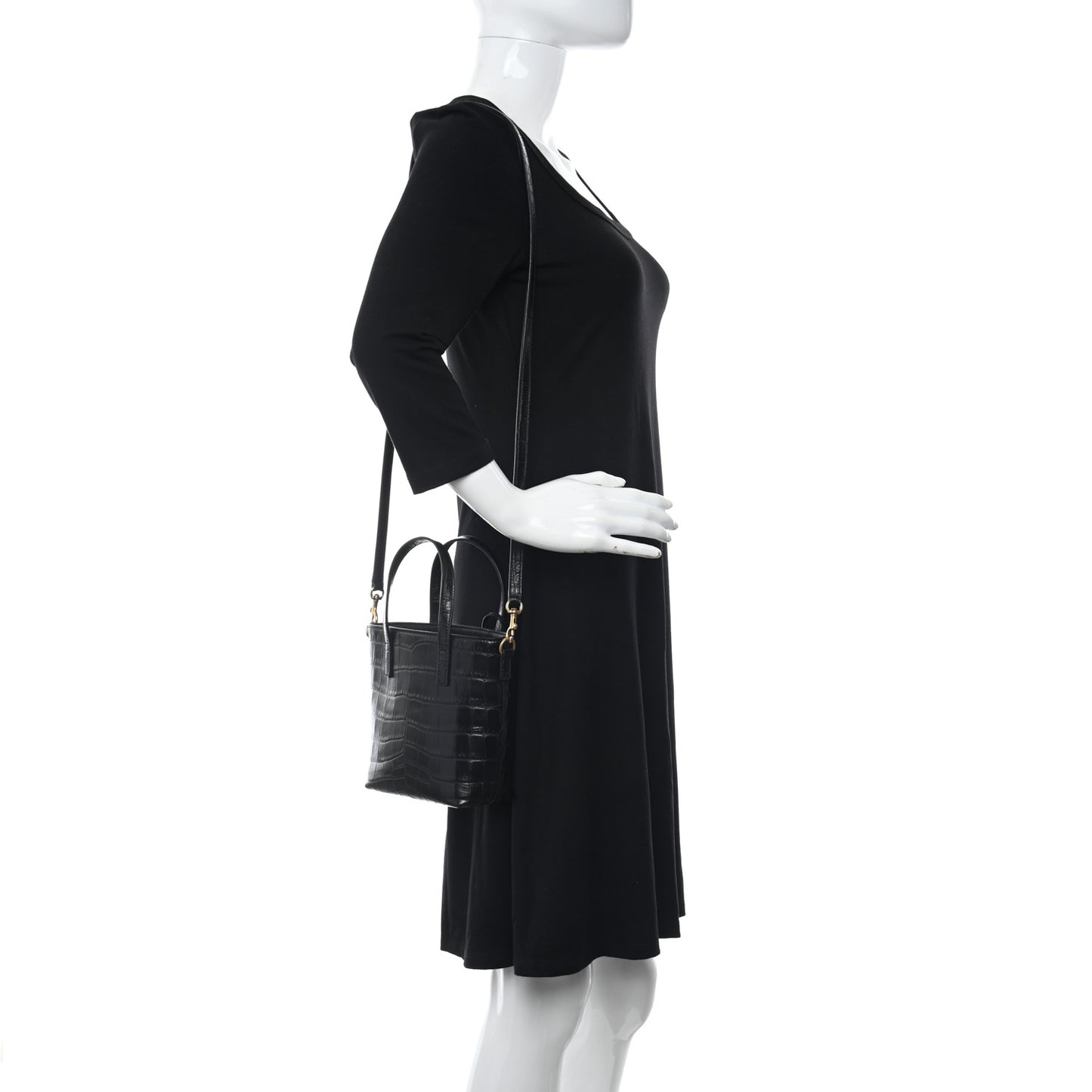 Calfskin Crocodile Embossed Paris Mini Toy Shopper Tote Black