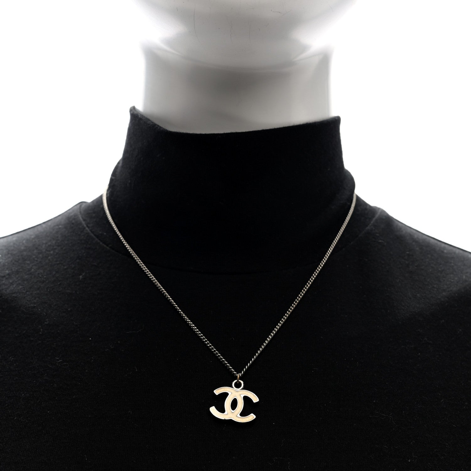 Chanel Enamel CC Necklace Silver White 2 of 4
