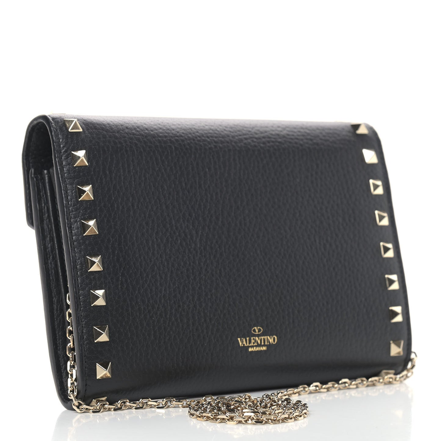 Pebbled Calfskin Rockstud Envelope Wallet on Chain Black