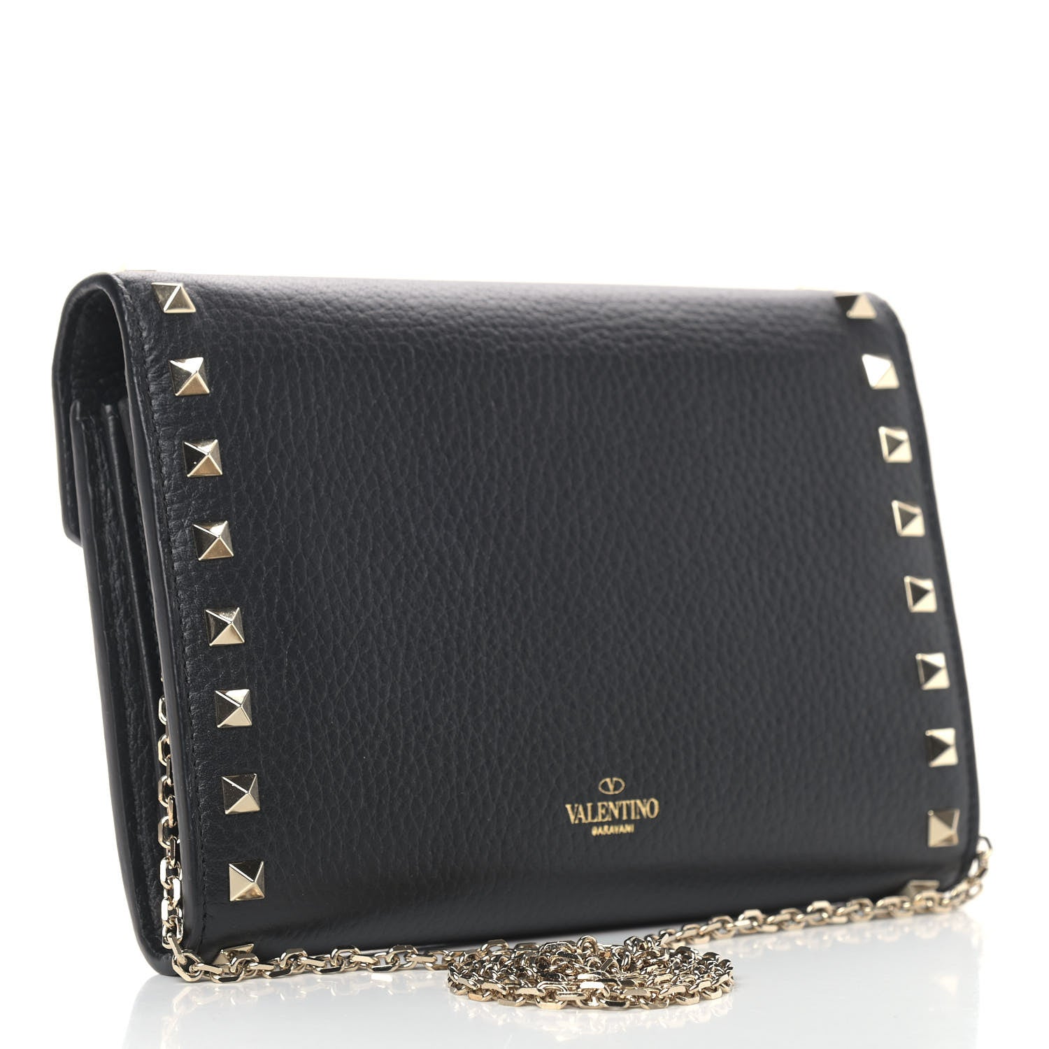 Valentino Garavani Pebbled Calfskin Rockstud Envelope Wallet on Chain Black 2 of 10