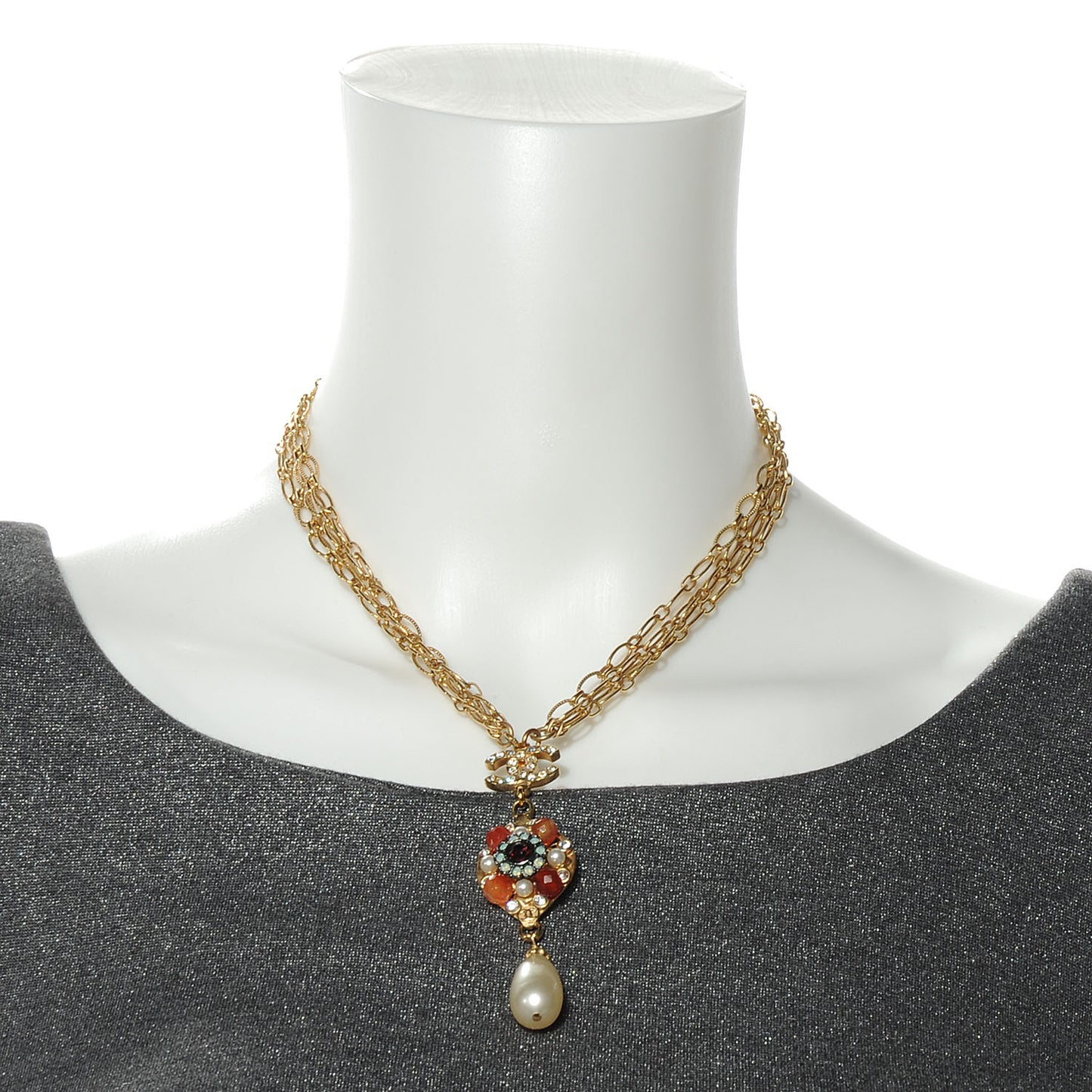Jeweled Pearl CC Logo Drop Necklace Gold