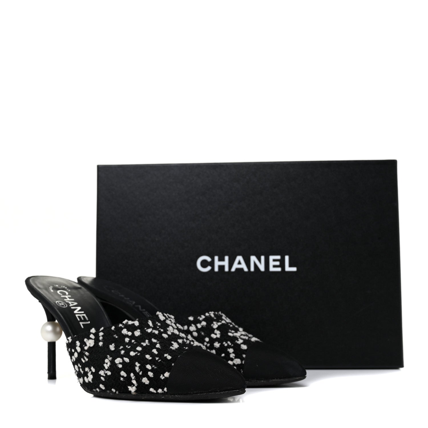 Chanel Tweed Grosgrain Pearl Mules 37 Black White 10 of 10