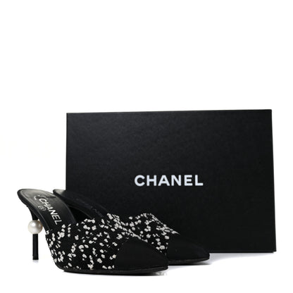 Chanel Tweed Grosgrain Pearl Mules 37 Black White 10 of 10