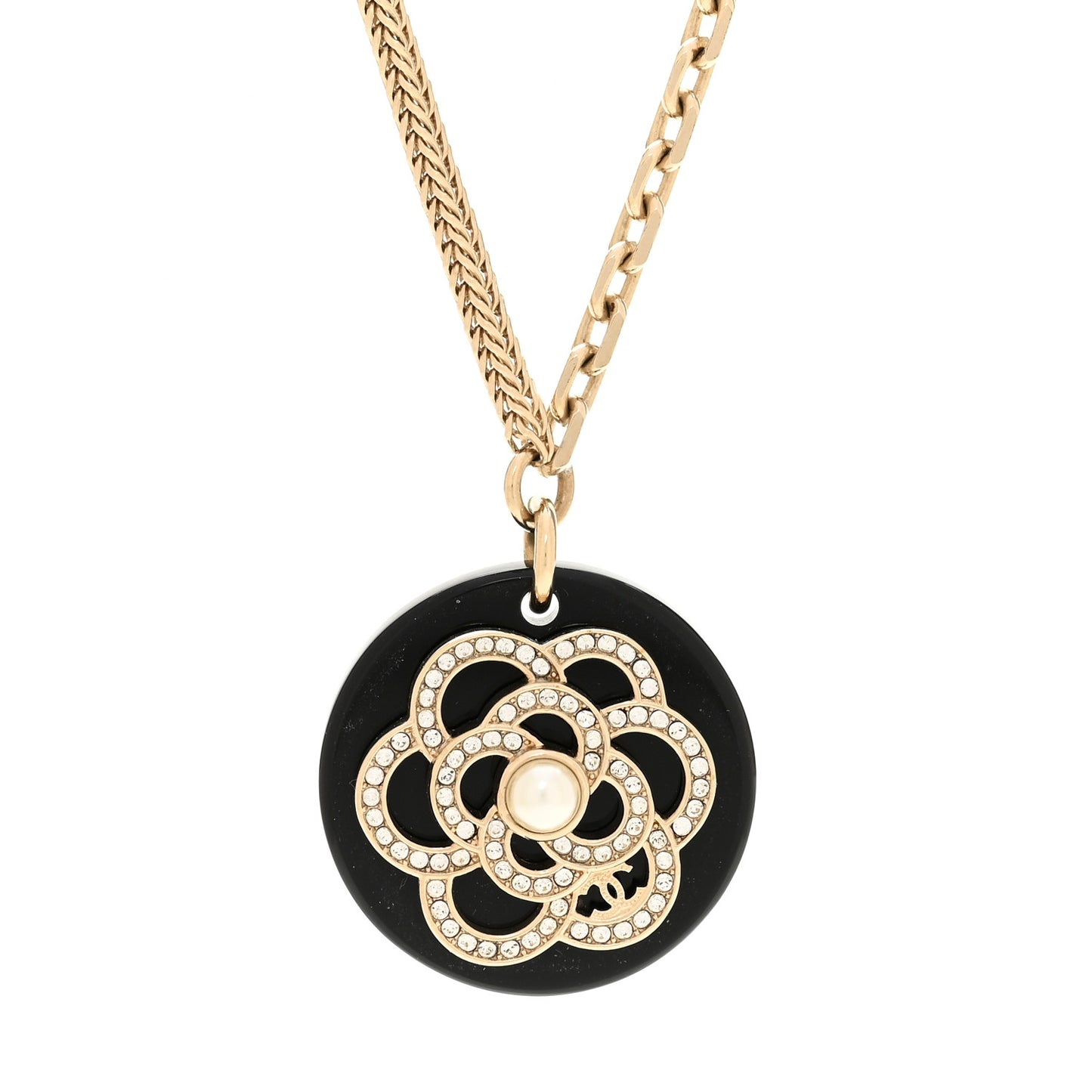 Resin Pearl Crystal Camellia CC Necklace Black Gold