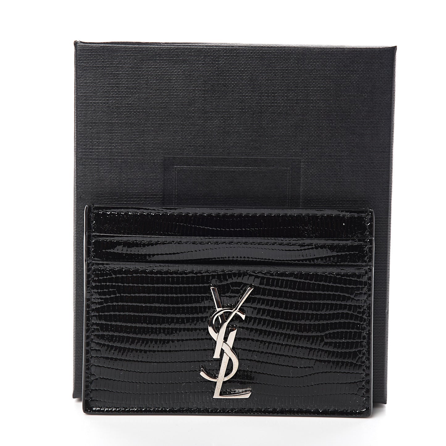 Patent Tejus Lizard Calfskin Embossed Card Case Black