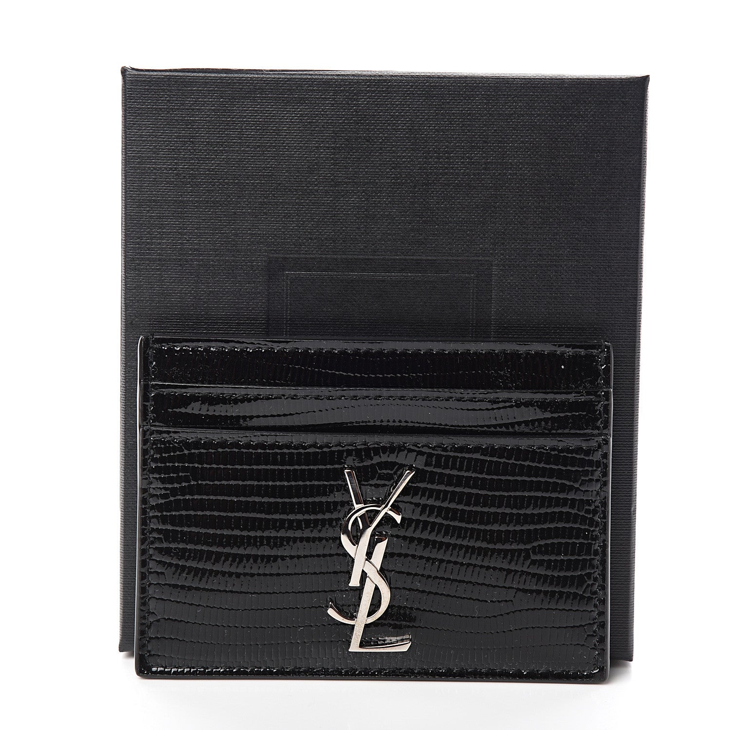 Saint Laurent Patent Tejus Lizard Calfskin Embossed Card Case Black 7 of 7