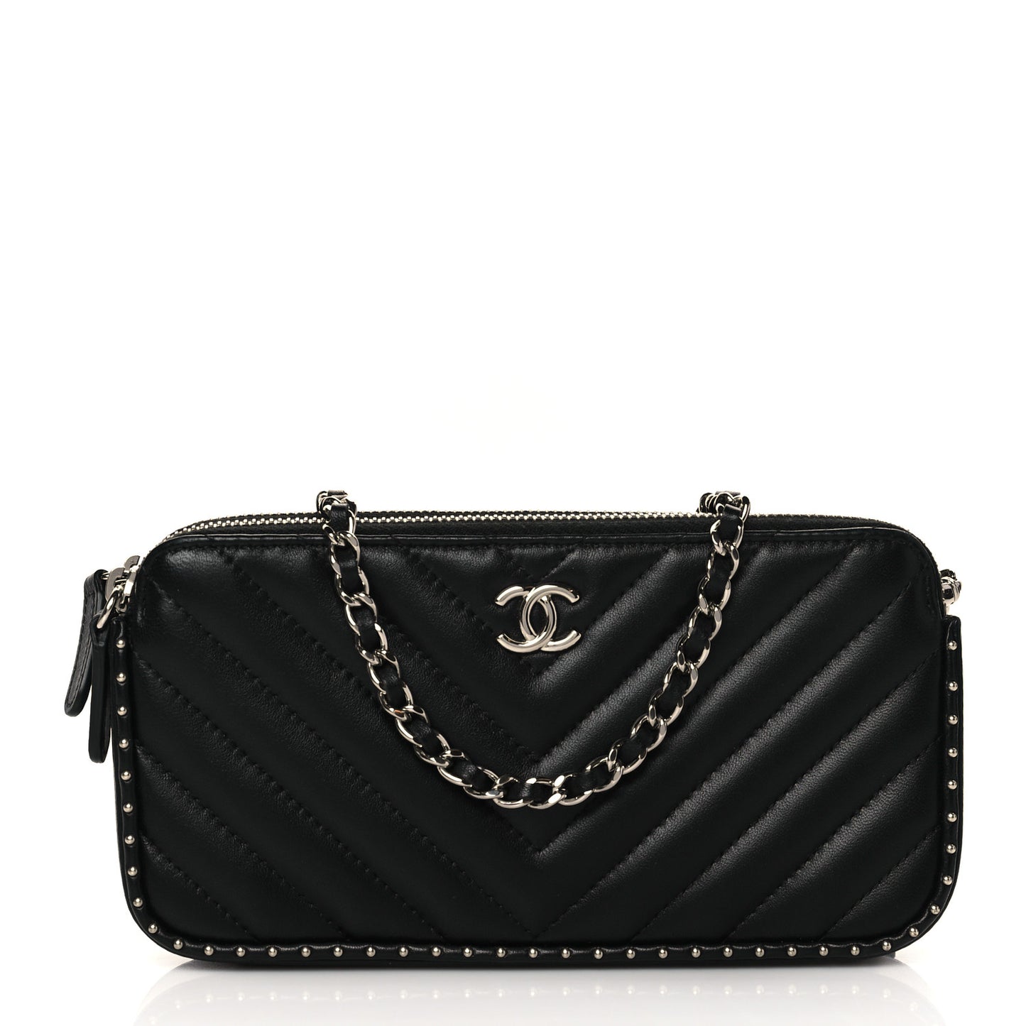 Lambskin Chevron Quilted Studded Clutch With Chain Black