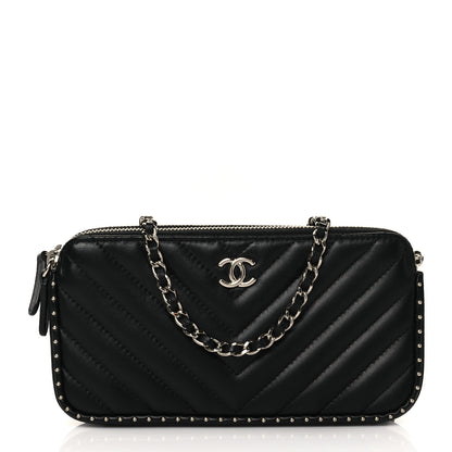 Chanel Lambskin Chevron Quilted Studded Clutch With Chain Black 1 of 13