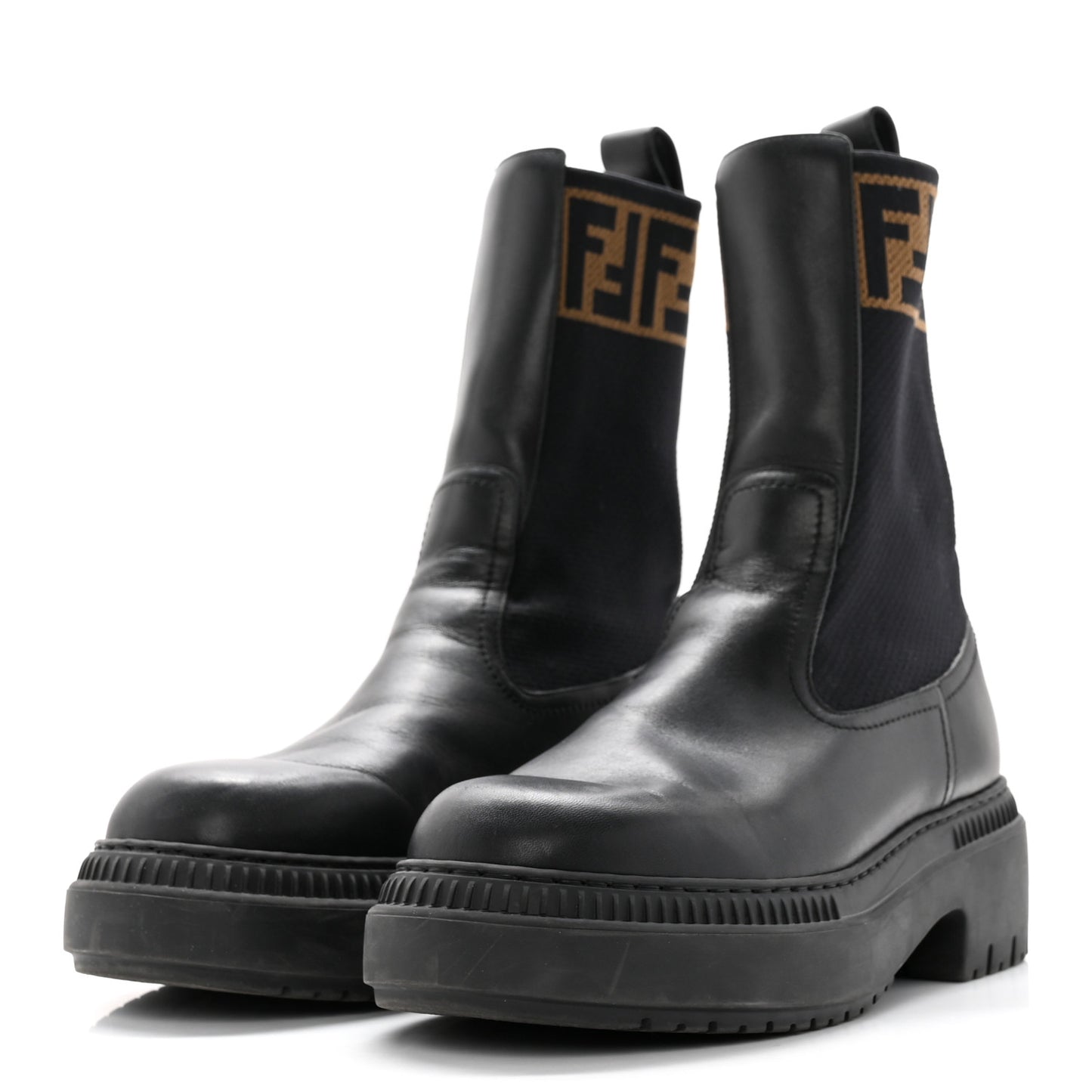 Fabric Jacquard FF Calfskin Domino Chelsea Boots 39 Black Tobacco
