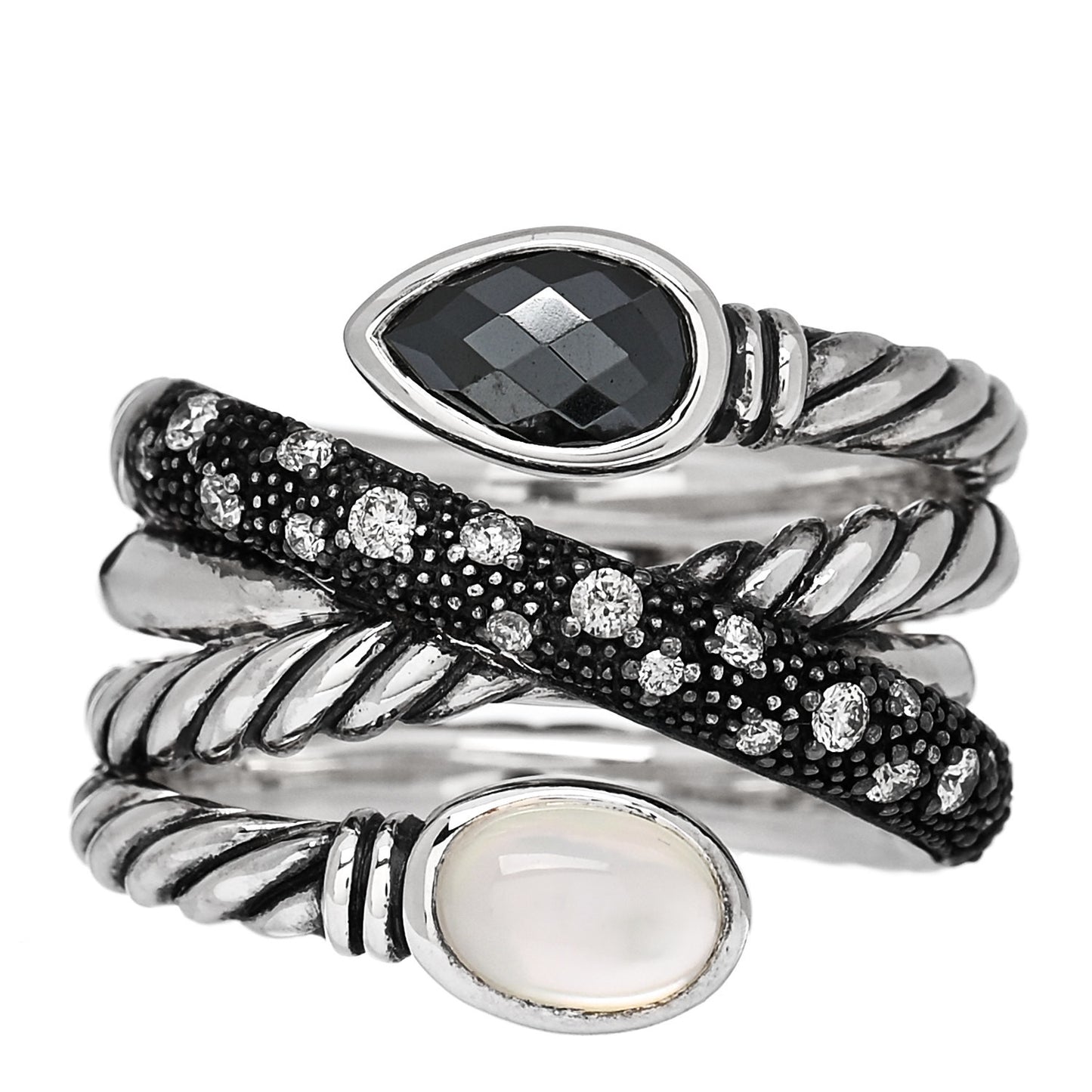 Sterling Silver Diamond Hematite Mother of Pearl Doublet Grisaille Crossover Ring 57 8