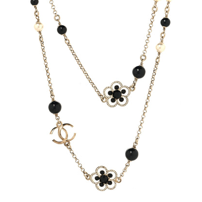 Chanel Pearl Crystal Flower CC Necklace Gold Black 1 of 5