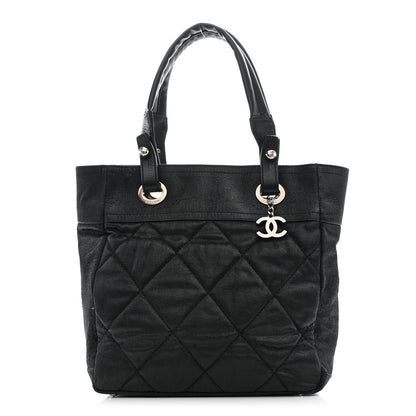 Chanel Metallic Coated Canvas Quilted Small Paris Biarritz Tote Black 1 of 10