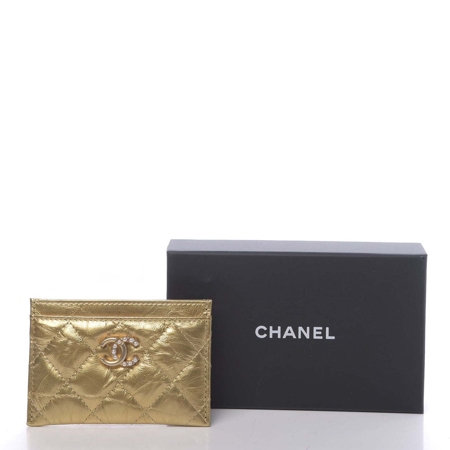 Metallic Aged Calfskin Quilted Card Holder Gold
