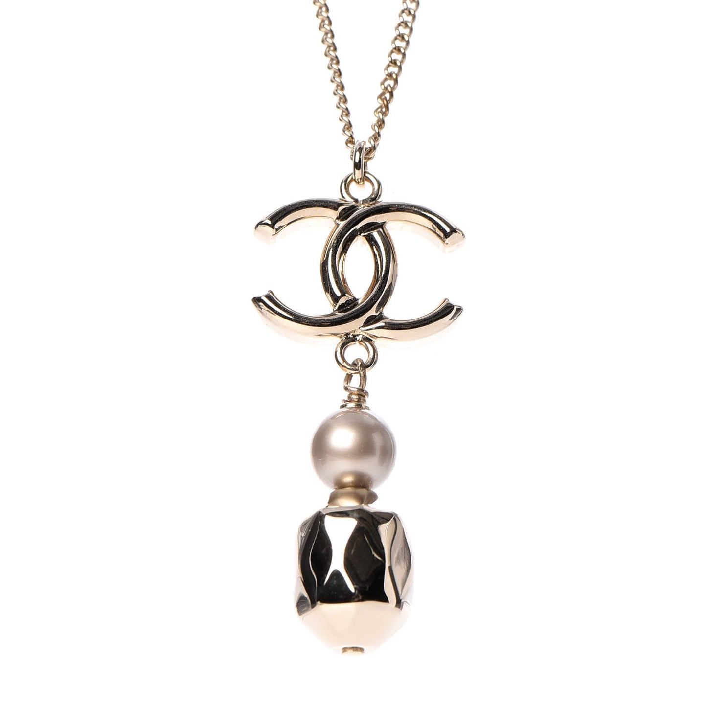 Chain CC Pearl Drop Necklace Gold