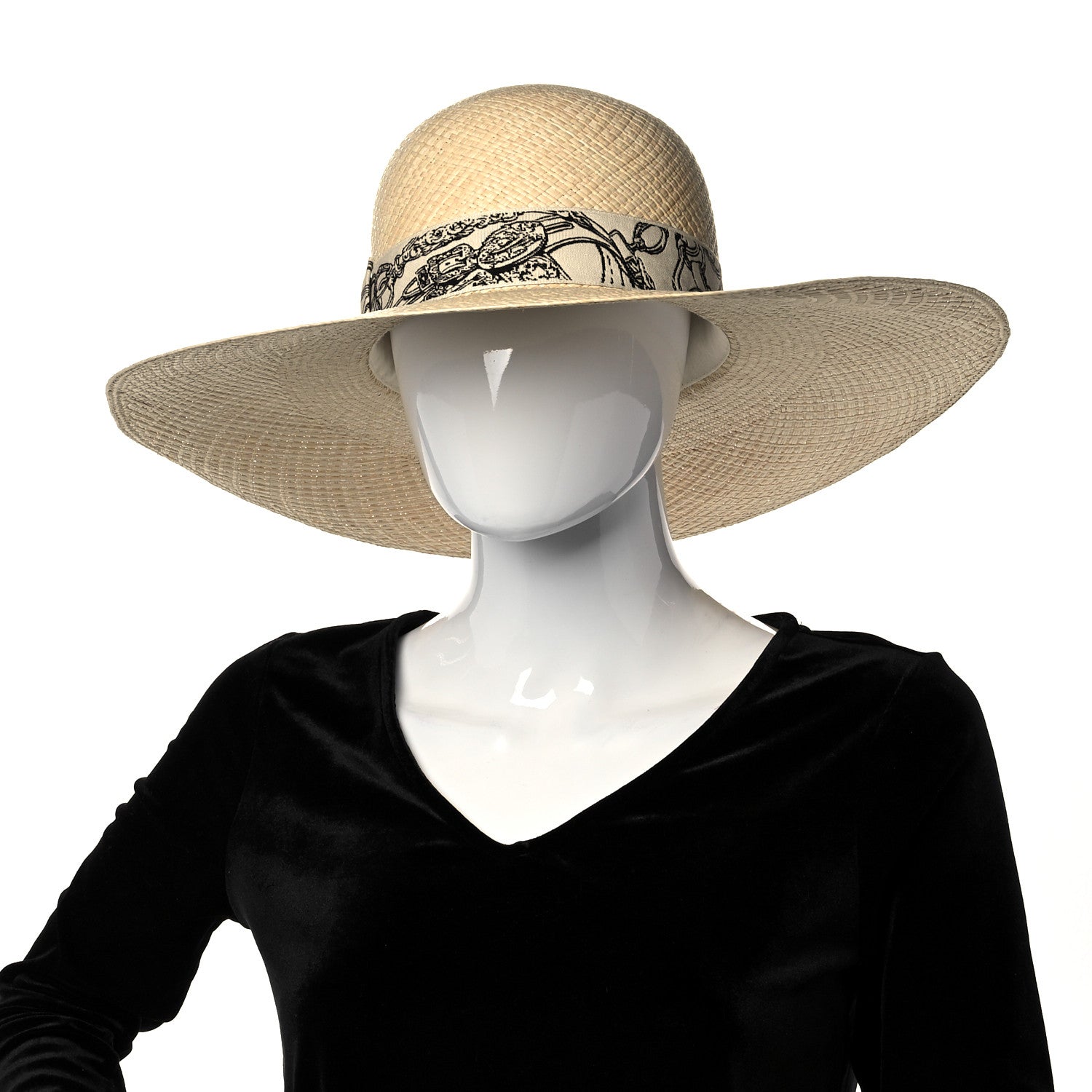 Hermes Straw Brides De Gala Panama Carrousel Hat 58 Naturel Ecru Black 2 of 9