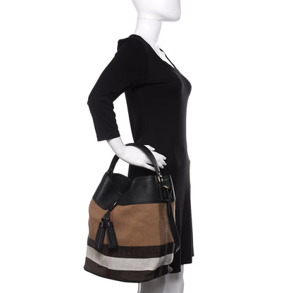 Burberry Grainy Calfskin Canvas Mega Check Medium Ashby Tassel Hobo Black 3 of 11