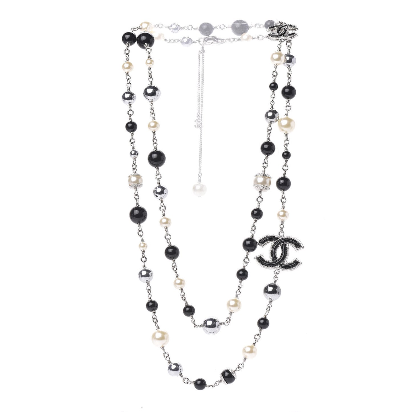 Pearl Bead Enamel CC Long Necklace Silver Black Grey