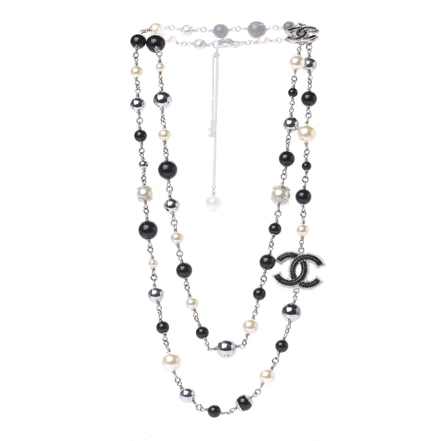Chanel Pearl Bead Enamel CC Long Necklace Silver Black Grey 3 of 4