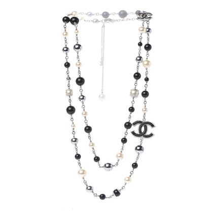 Chanel Pearl Bead Enamel CC Long Necklace Silver Black Grey 3 of 4