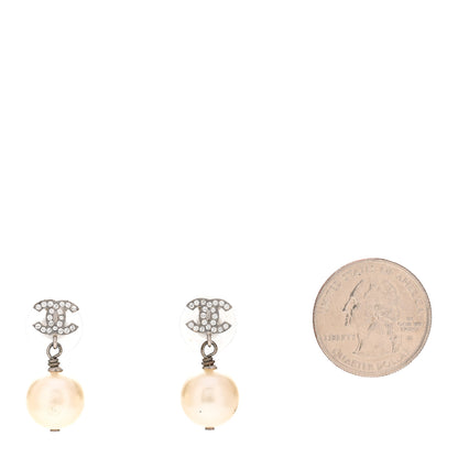 Chanel Crystal Pearl CC Drop Earrings Silver Pearly White 2 of 5