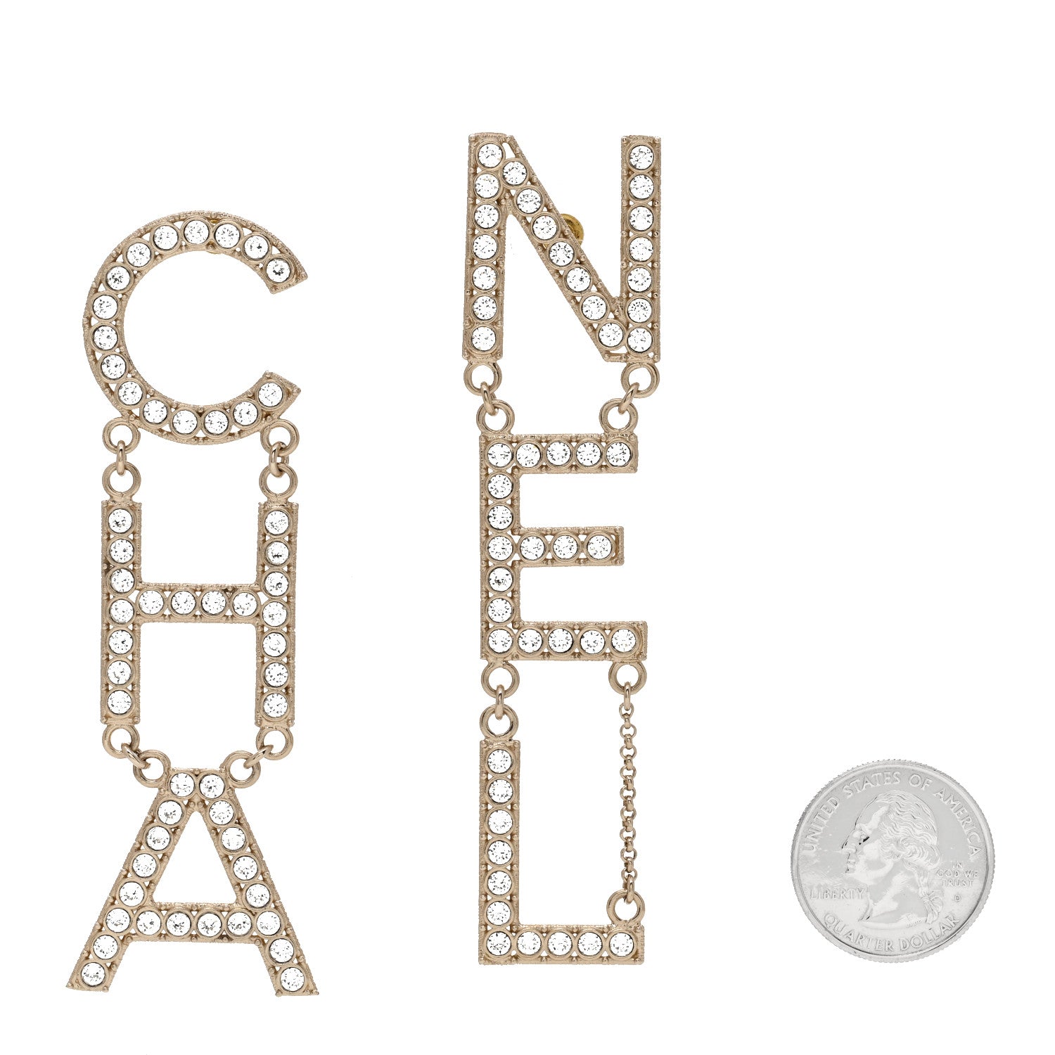 Chanel Crystal Cha-Nel Logo Drop Earrings Gold 2 of 5