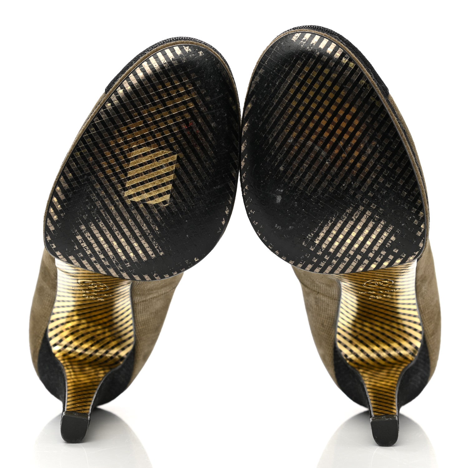 Chanel Metallic Fabric CC Cap Toe Pumps 39.5 Khaki Black 5 of 9