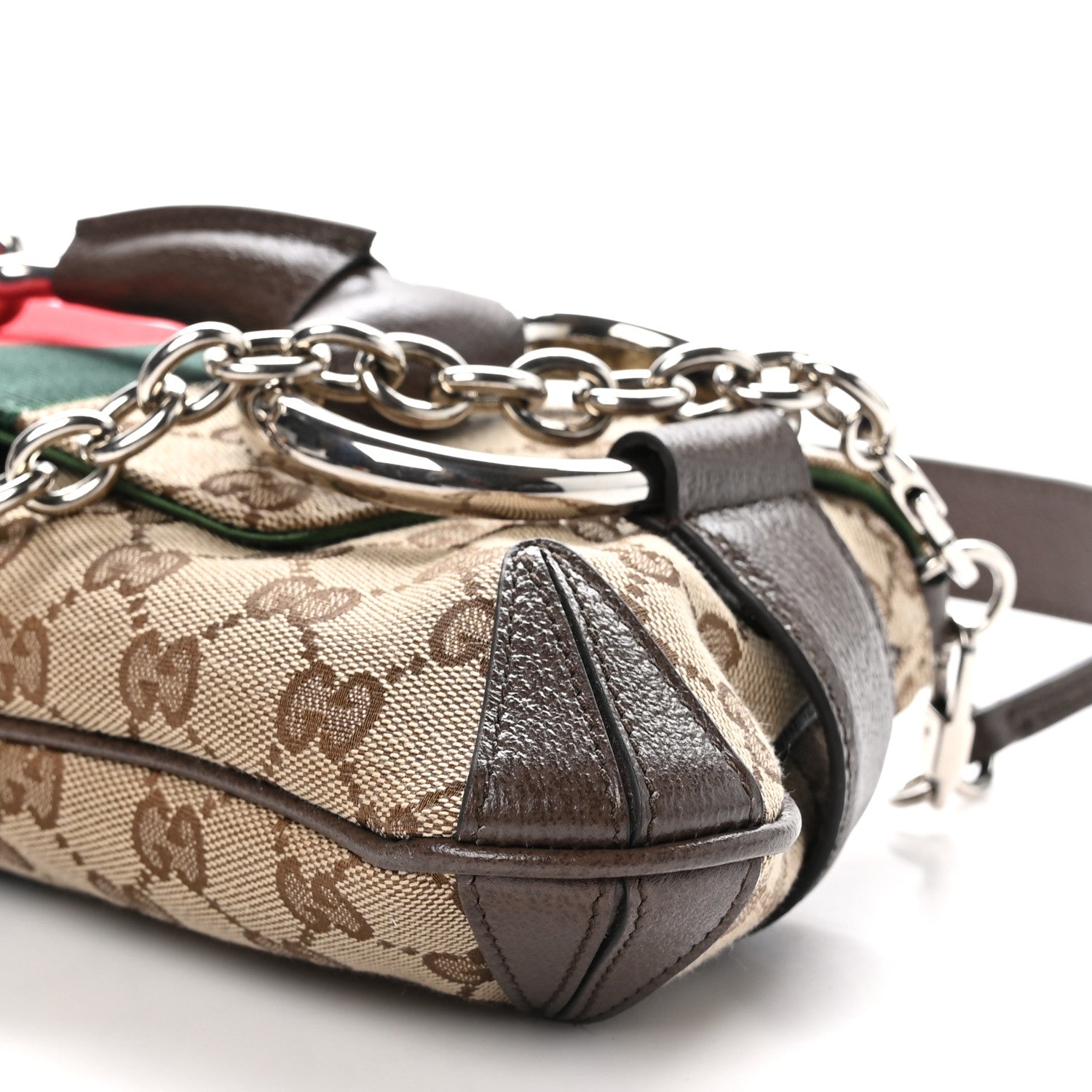 Gucci Monogram Textured Dollar Calfskin Heavy Grosgrain Web Medium Maxi Horsebit Chain Shoulder Bag Beige Ebony New Acero 9 of 9