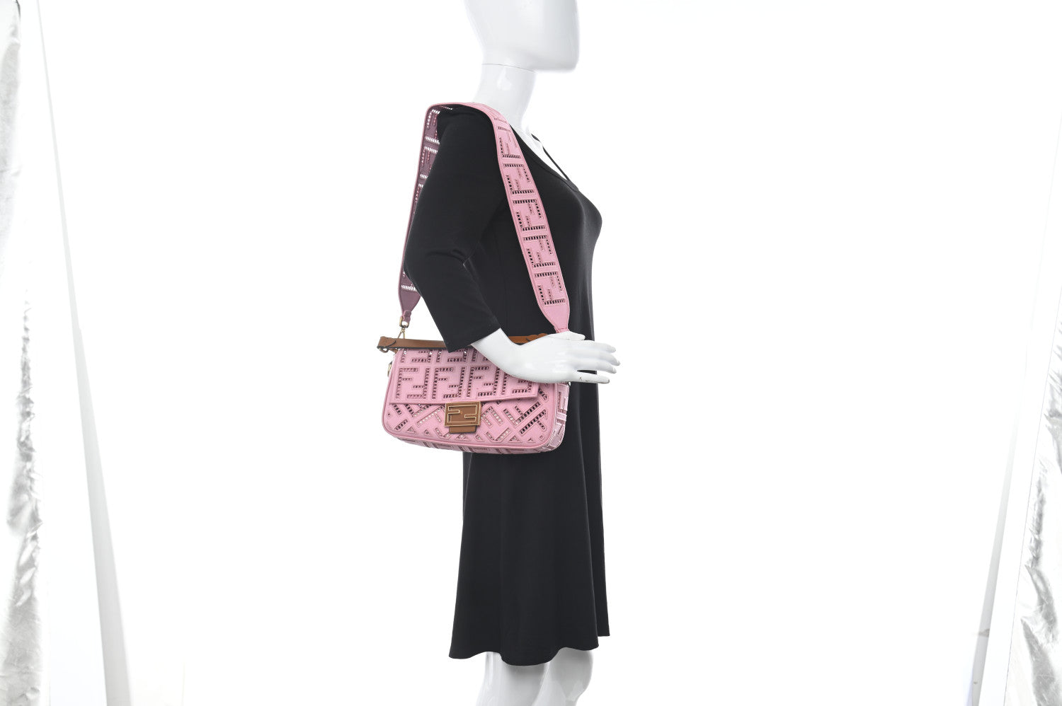 Fendi Canvas Cuoio Agata FF Ajour Embroidered Baguette Ciclamino Cuoio 2 of 12