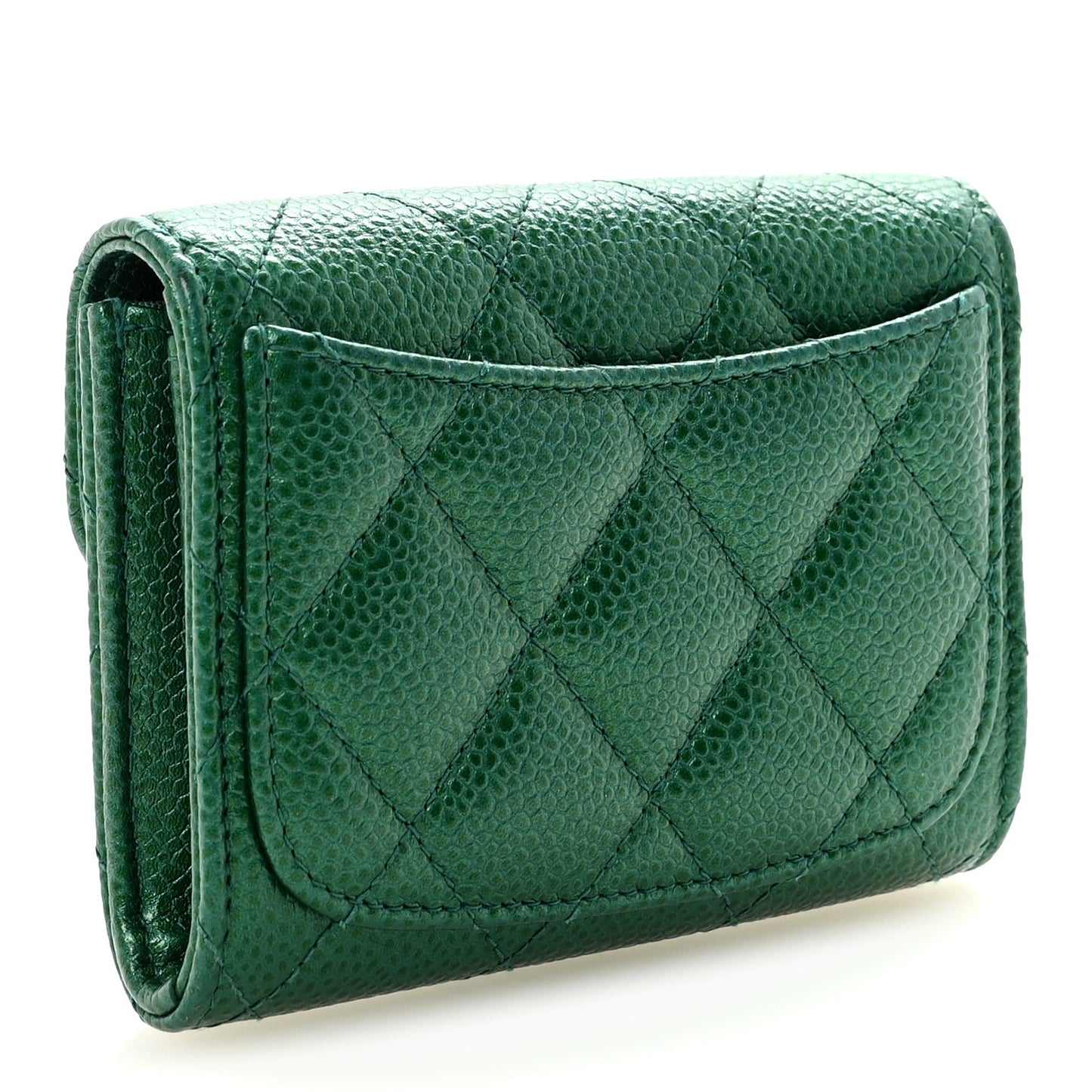 Metallic Caviar Quilted Flap Card Holder Wallet Green