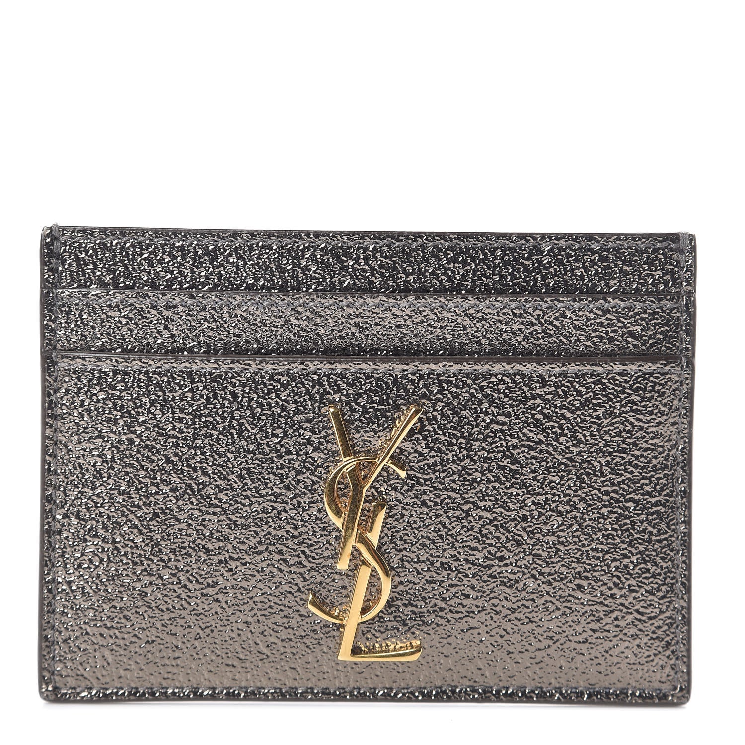 Saint Laurent Metallic Grained Calfskin Monogram Credit Card Case Gris 1 of 7