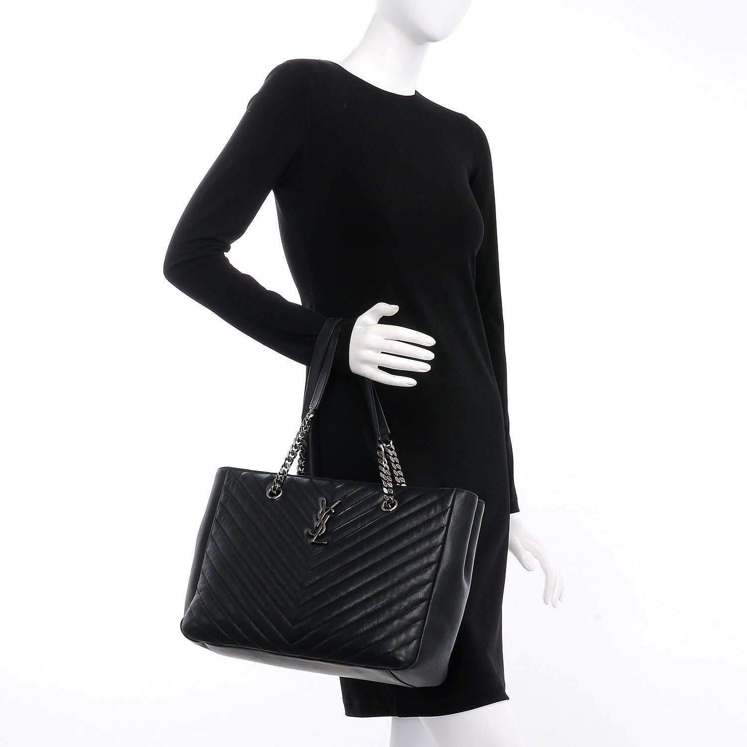 Saint Laurent Sheepskin Matelasse Chevron Large Monogram Shopping Bag Black 2 of 8