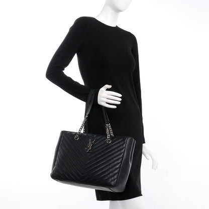 Saint Laurent Sheepskin Matelasse Chevron Large Monogram Shopping Bag Black 2 of 8