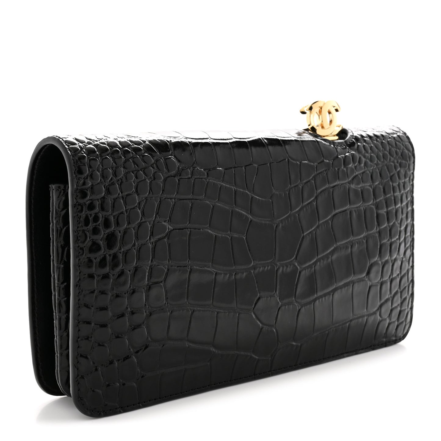 Calfskin Crocodile Embossed CC Clutch Black