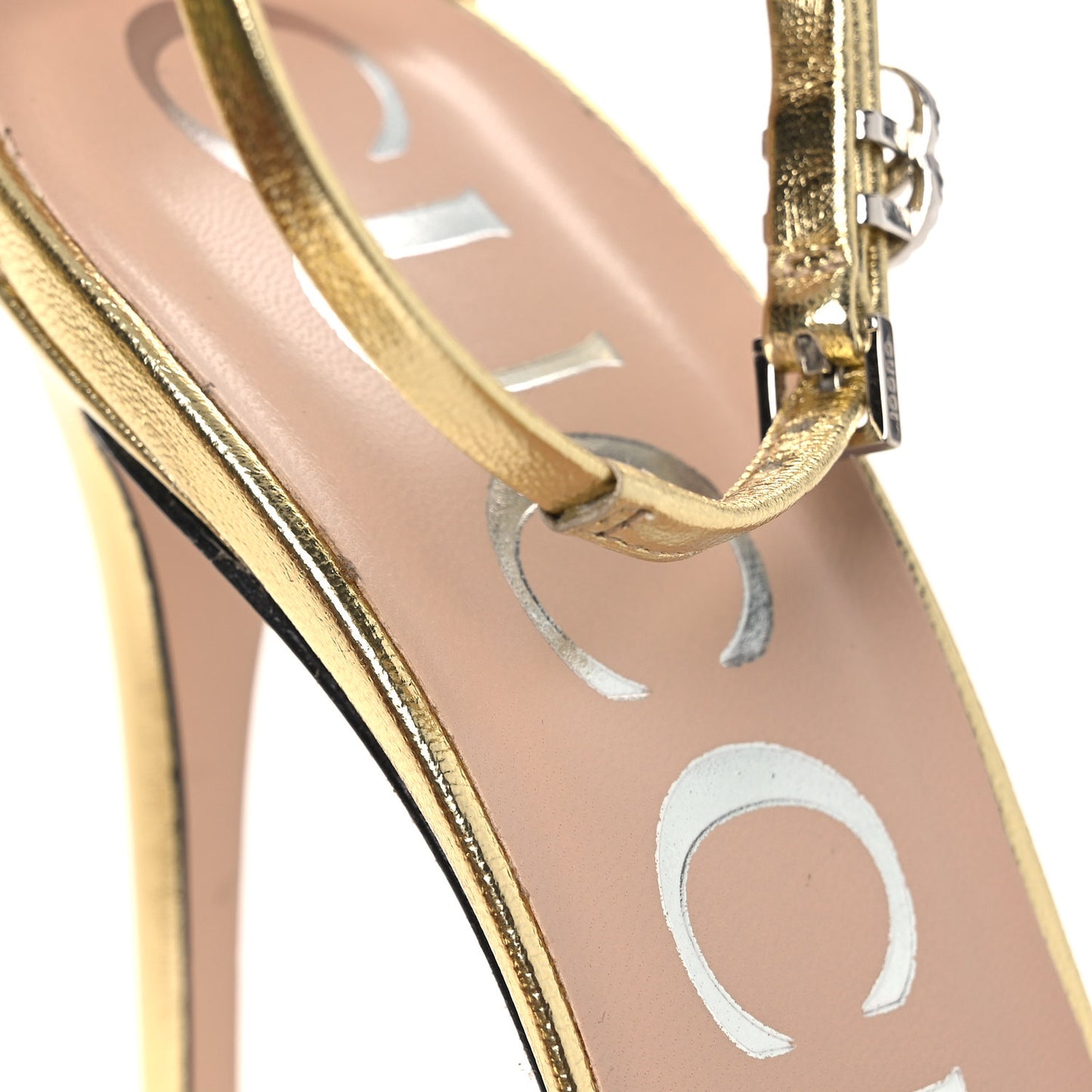 Metallic Crystal GG Ankle Strap High Heel Sandals 37 Gold