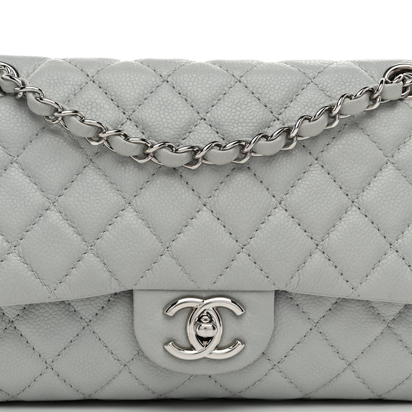 Washed Caviar Quilted Medium Double Flap Light Blue