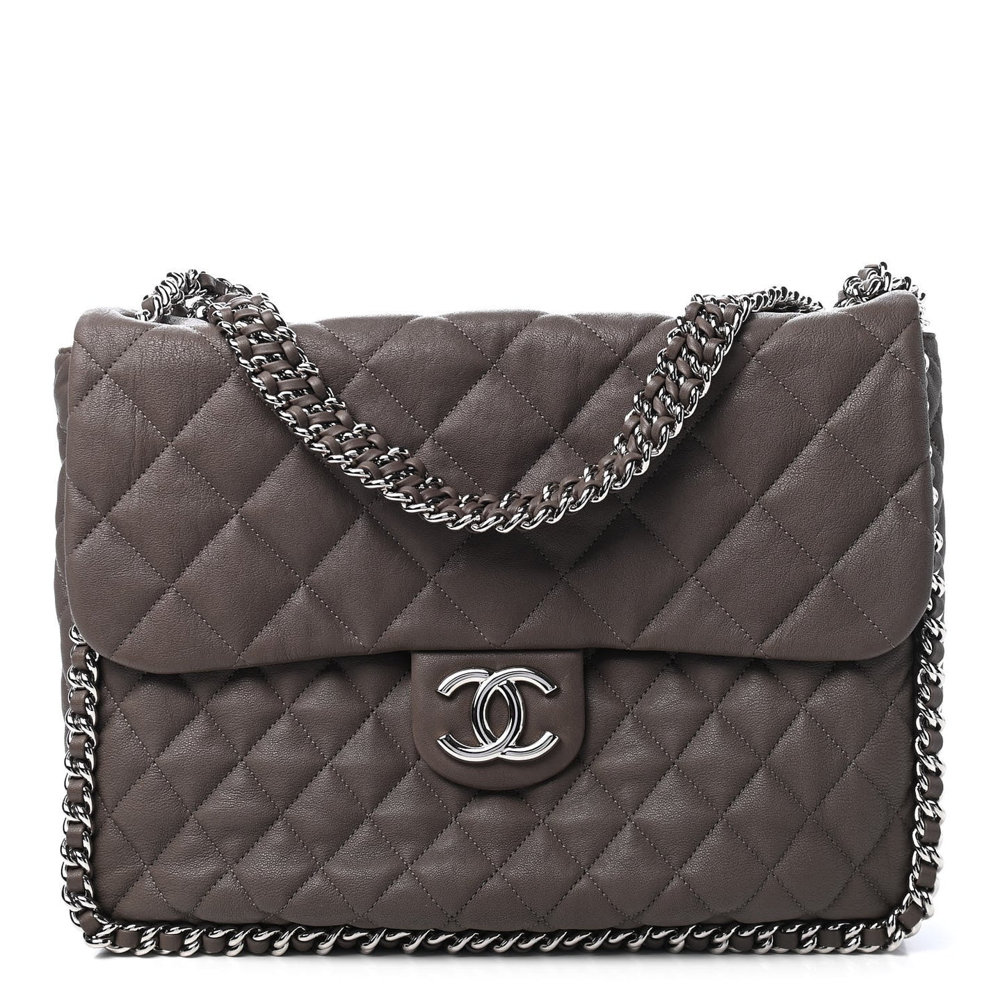 Washed Lambskin Quilted Chain Around Maxi Flap Brown