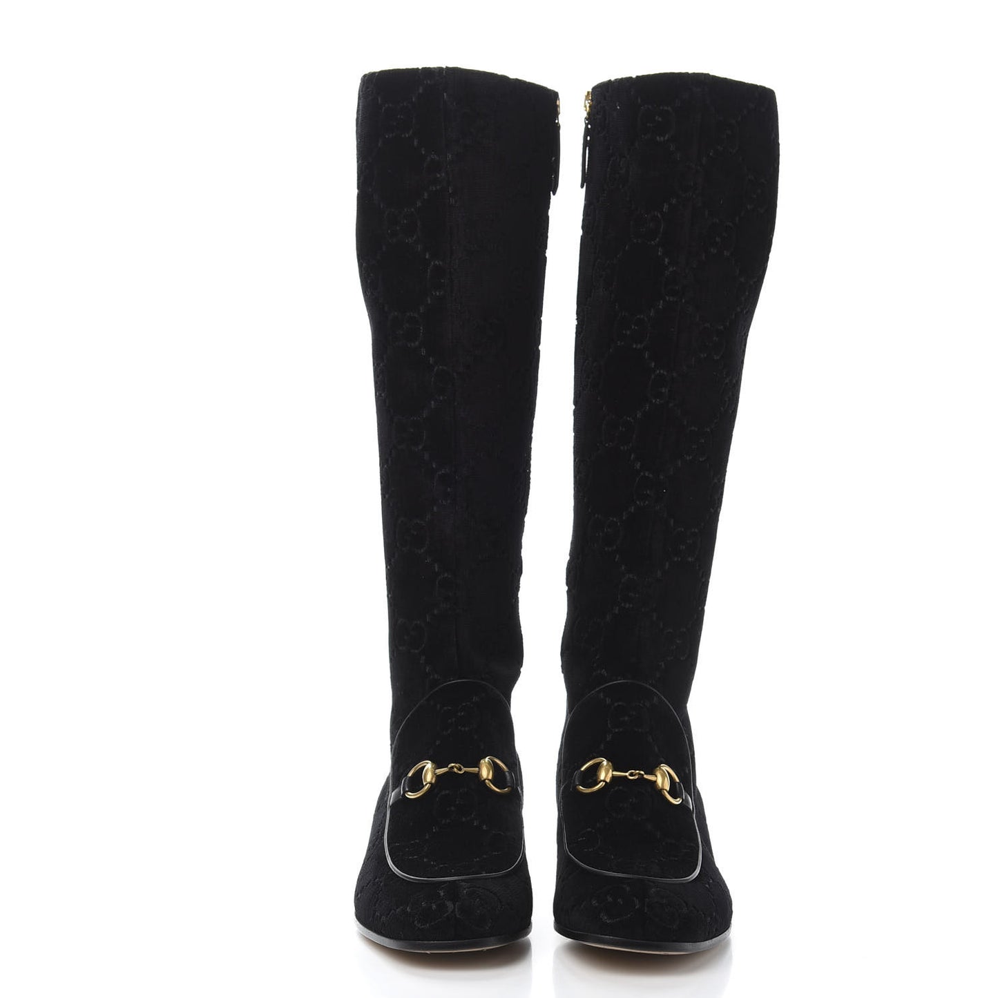 Velvet GG Monogram Crystal Horsebit Knee High Boots 38.5 Black