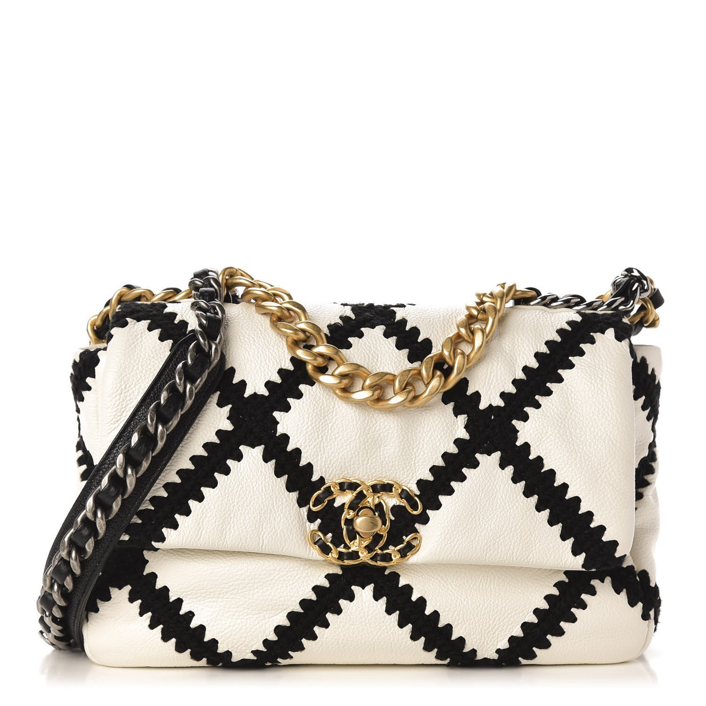 Calfskin Crochet Medium Chanel 19 Flap White Black