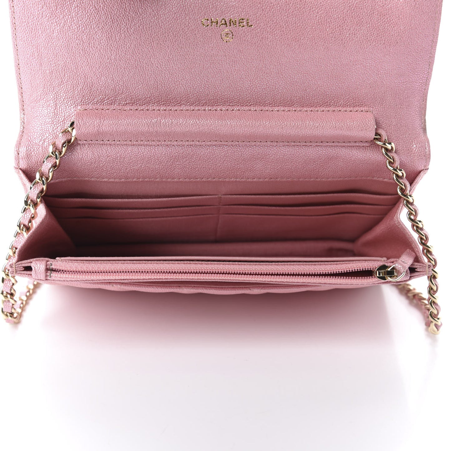 Iridescent Caviar Quilted Wallet on Chain WOC Rose Pink