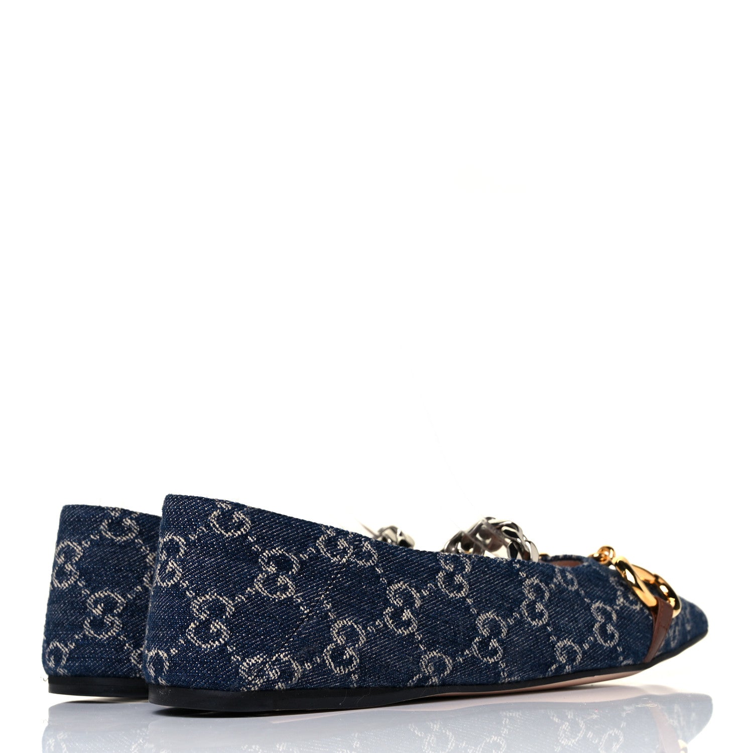 Gucci New Denim GG Monogram Nappa Deva Horsebit Chain Embellished Flats 37.5 Blue Tea Cuir Epilog 4 of 8