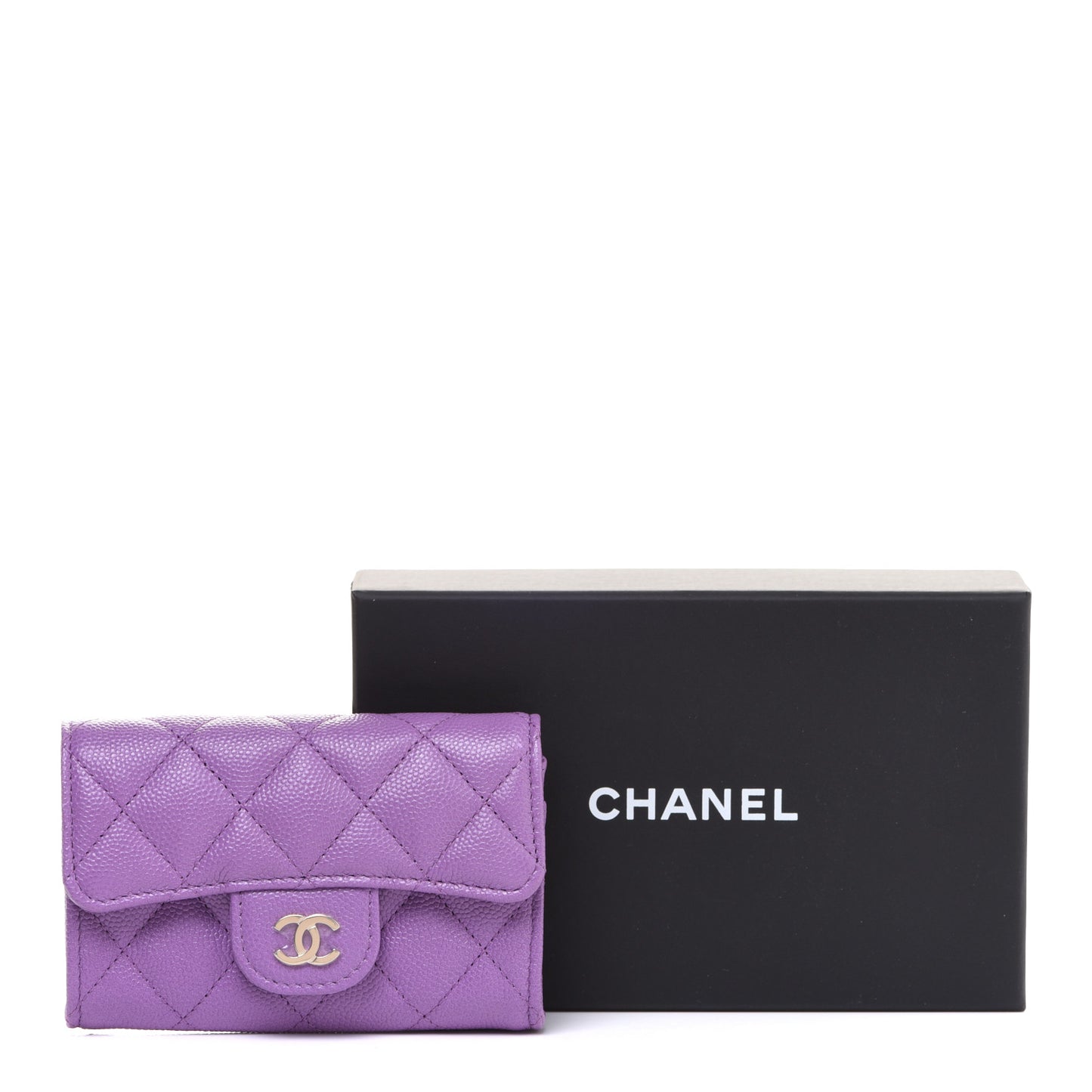 Caviar Quilted Flap Card Holder Wallet Purple