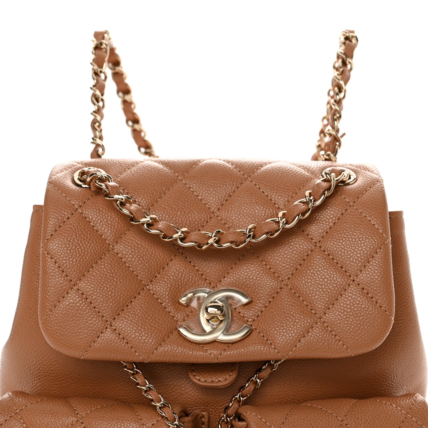 Shiny Caviar Quilted Medium Duma Pockets Drawstring Backpack Dark Beige
