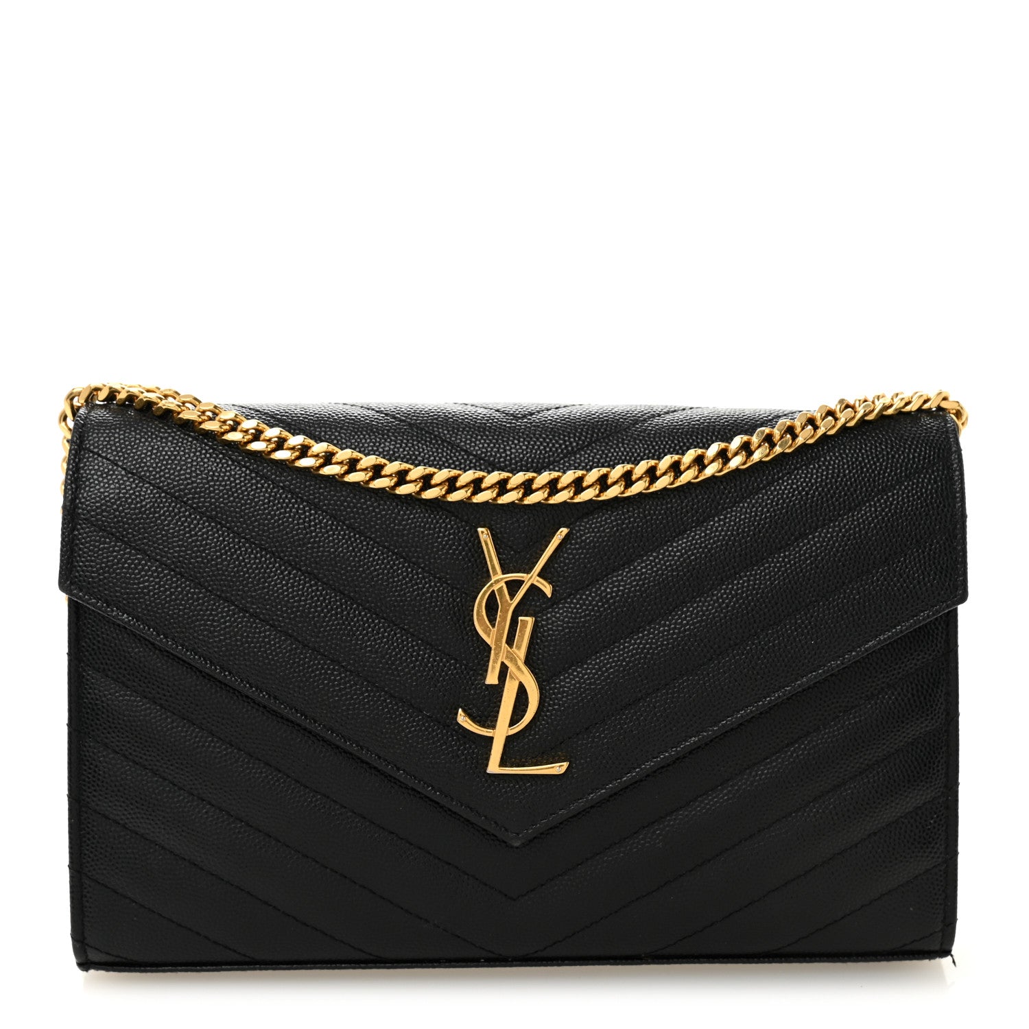 Saint Laurent Grain De Poudre Matelasse Chevron Monogram Chain Wallet Black 1 of 10