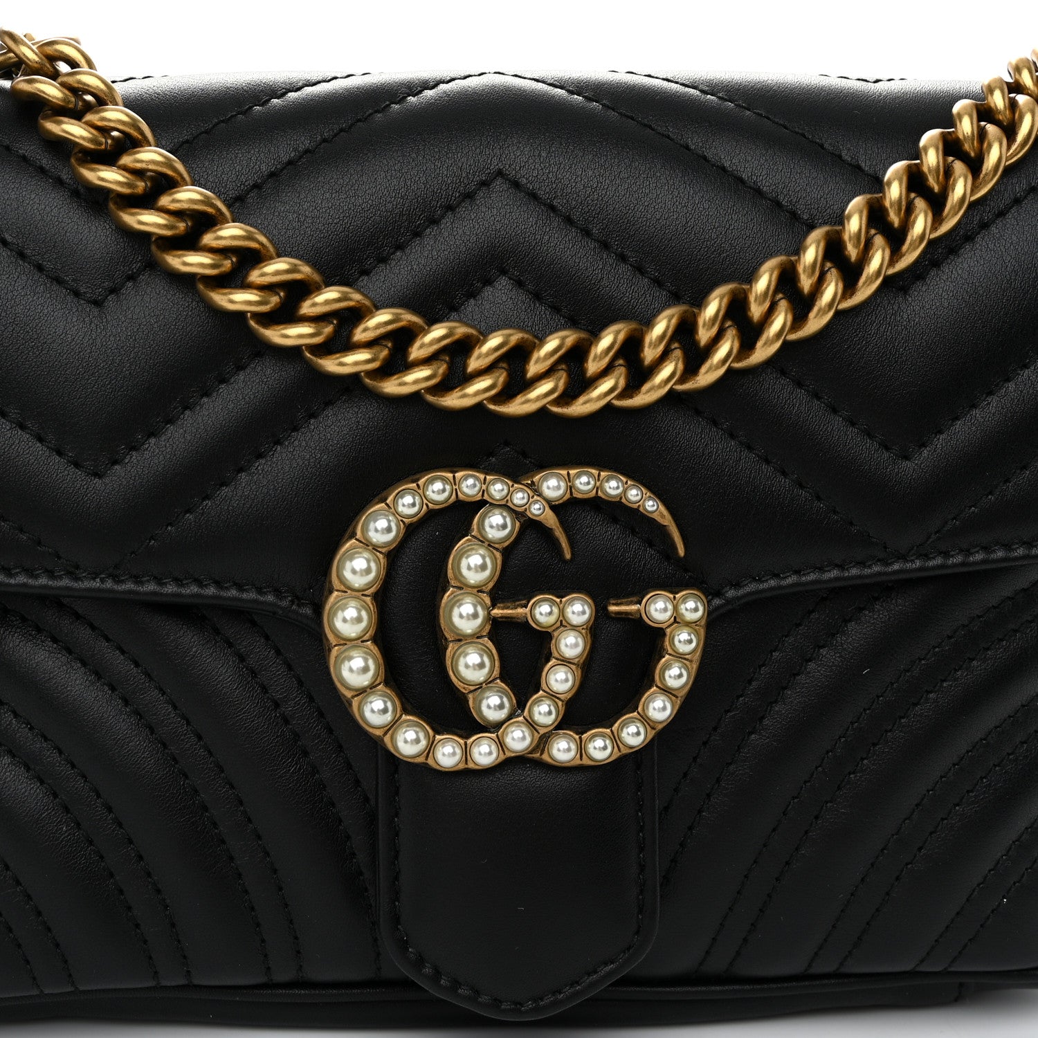 Gucci Calfskin Matelasse Pearly GG Marmont Chain Belt Bag Black 8 of 11